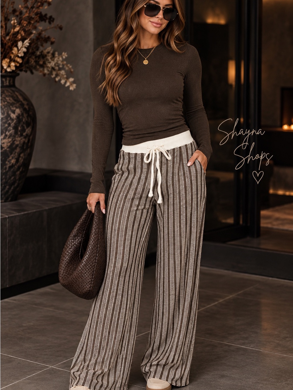 Zenana Raised Rib Striped Wide-Leg Drawstring Pants in Espresso